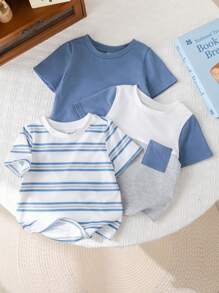 3pcs Set Baby Boys/Girls Casual Round Neck Short Sleeve Blue Striped & Solid Color Knit T-Shirts, Multi-Color, Suitable For Spring And Summer, Indoor And Outdoor Wear