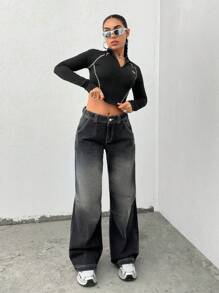 EURMUSE CASUAL Y2K LOW WAIST WSHAED WIDE LEG JEANS - Black - View 7