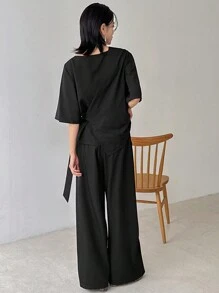 FRIFUL 2pcs Women Set: Cinched Waist T-Shirt And Pants - Black - View 5