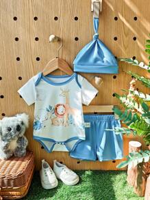 SHEIN 3 Stücke Neugeborenen-Set mit süßem Aquarell-Tierdruck von Giraffe, Elefant, Löwe und Nashorn, bestehend aus Jumpsuit-Romper und Hut, Kurzarm, geeignet für Frühling/Sommer Alltagsmode und Lässig Wear