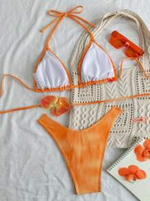 Swim EVENT Spring Break Summer Vacation Floral Print Halter Neck Tie-Up 3-Piece Bathing Suit With High Cut Bottoms Bikini Set - Multicolor - View 5