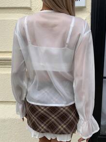 SHEIN EZwear 女士纯色前系带落肩长袖休闲衬衫