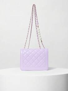 Fashionable Embroidery Thread Small Square Bag With Pearl Chain Strap, Mini Flap Shoulder & Crossbody Bag For Women - Purple - View 3