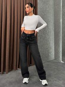 EURMUSE WOMEN STRAIGHT MID WAIST JEANS - Dark Grey - View 3