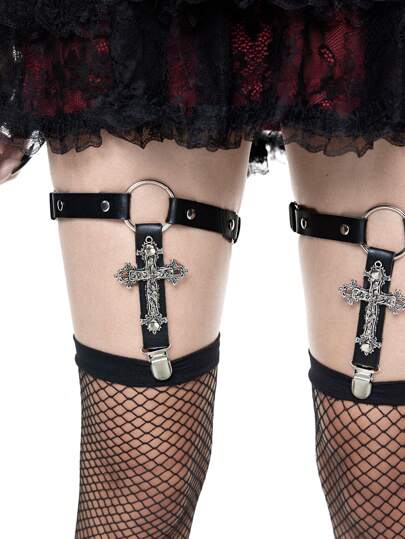 2pcs Women Gothic Style Garter Belts With Hollow Cross Decor, Leg Socks Garters For Daily Wear With Dress & Skirt, Halloween