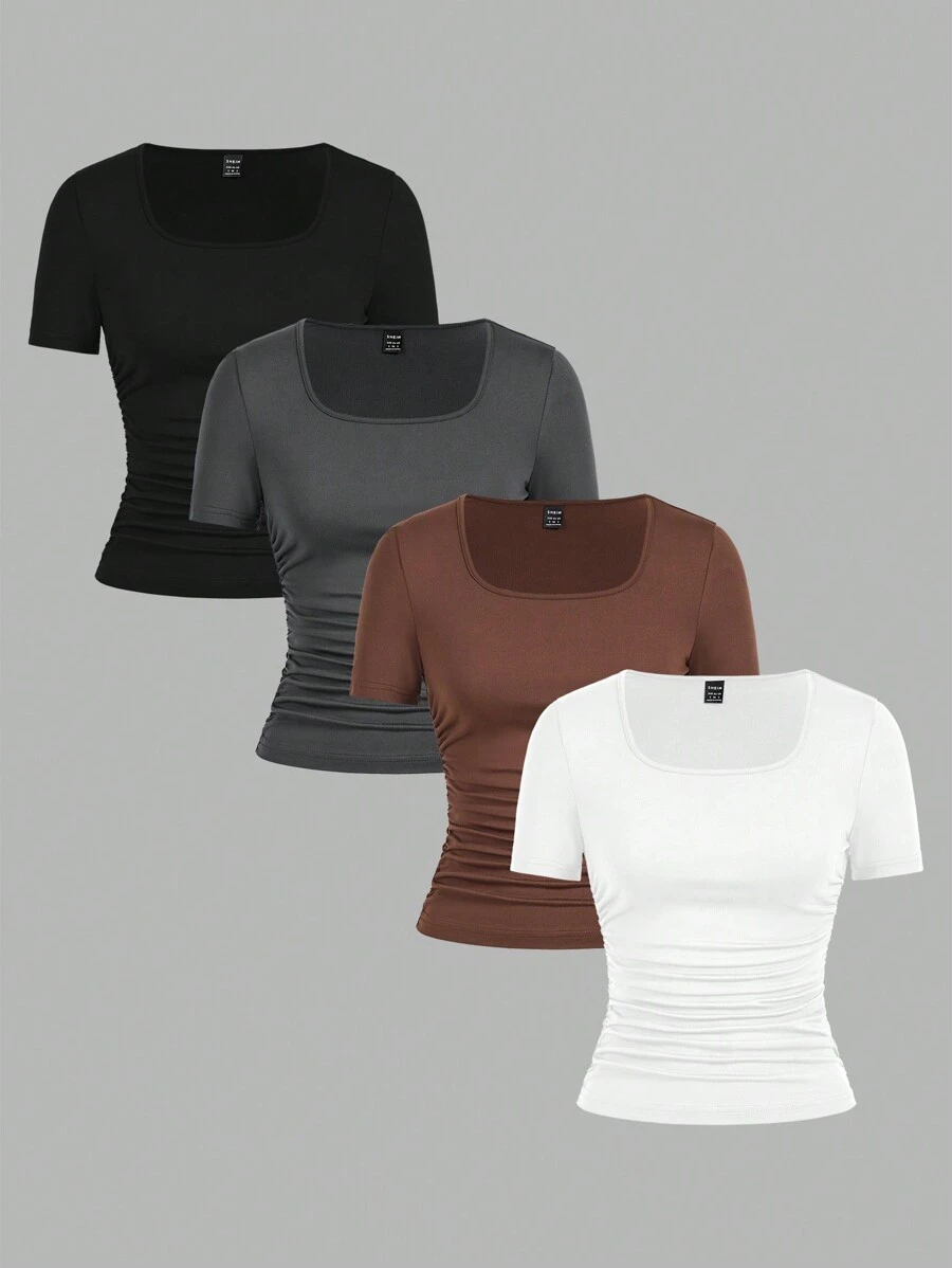 SHEIN EZwear 4 件套休闲简约纯色圆领短袖 T 恤女上衣舒适适合春夏季 - 彩色 - 查看 1