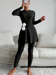 Swim Shayni 3pcs Solid Color Women Burkini Set: Round Neck Long Sleeve Swimsuit Top, Long Swim Bottoms, And Waist Floral Decor Skirt - Black - View 1