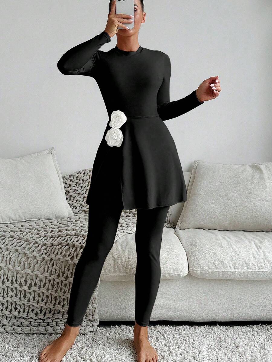 Swim Shayni 3pcs Solid Color Women Burkini Set: Round Neck Long Sleeve Swimsuit Top, Long Swim Bottoms, And Waist Floral Decor Skirt - Black - View 1