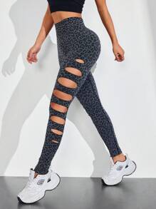 Slayoga 1 pezzo Leggings corti e strappati con stampa leopardata per la corsa