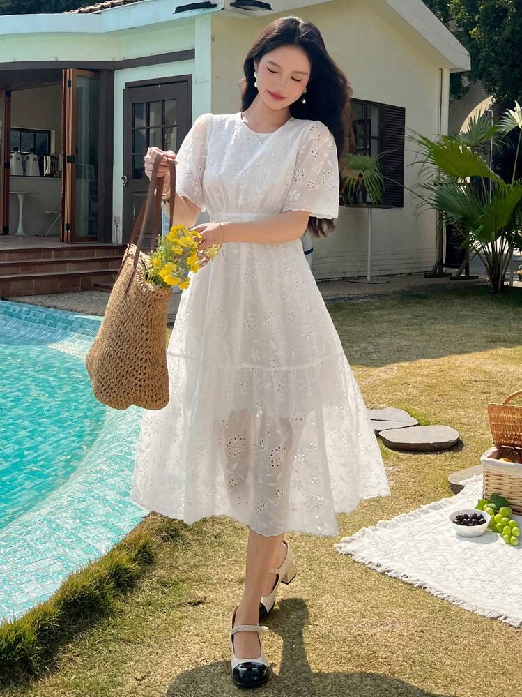 DAZY Women's Round Neck Short Sleeve Lace Fabric Long Dress Sundress - White - View 4