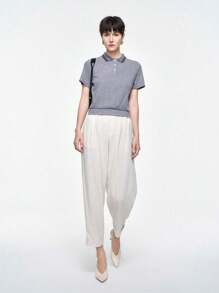 Aalyst 女士纯色拼布前扣短袖简约休闲 T 恤 - 灰色 - 查看 3