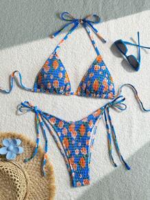 SHEIN Swim Women Floral And Fruit Print Halter Neck Tie Side Bikini Swimwear Set, Fashionable Summer Beach Vacation Beachwear - Multicolor - View 1