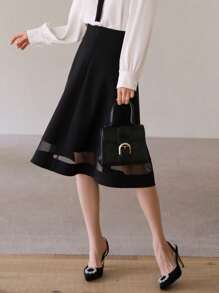 DAZY 女士纯色拼接网眼多层半身裙 夏季 - 黑色 - 查看 3