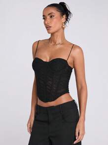 SHEIN BAE 春夏音乐节假期日常出游洋气黑色条纹蕾丝束身衣外出上衣、演唱会服装 - 黑色 - 查看 6