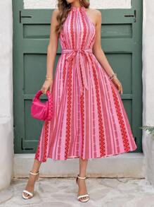 Ellevyn 夏季优雅女士复古印花长款飘逸露背系带连衣裙，夏季沙滩裙女士多巴胺吊带连衣裙 - 彩色 - 查看 5