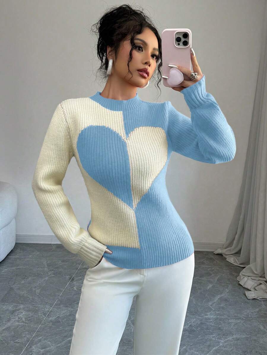 Elenzga 女士情人节心形图案长袖休闲毛衣针织套头衫秋冬 - 藍色 - 查看 1