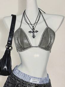 SHEIN ICON Women's Sexy Fashion Halter Denim Crop Top - Black - View 1