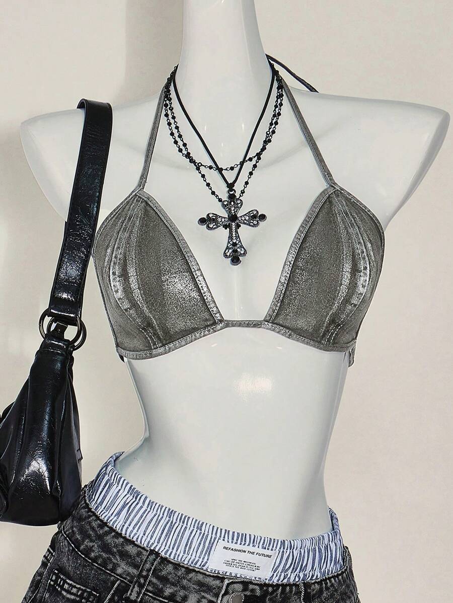 SHEIN ICON Women's Sexy Fashion Halter Denim Crop Top - Black - View 1