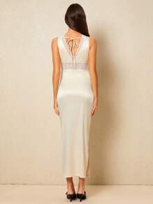 Poéselle Champagne French Lace V Neck Strap Elegant Dress, Waist Elegant Long Dress, Holiday Dress Satin Texture, Acetate Dress Spring Dress, Easter Dress, Fairy Dress, Vintage Dress, Midi Dress For Women