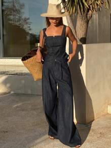 Livesso 女士牛仔吊带背心和裤子套装，返校服装 - 深色水洗藍 - 查看 3