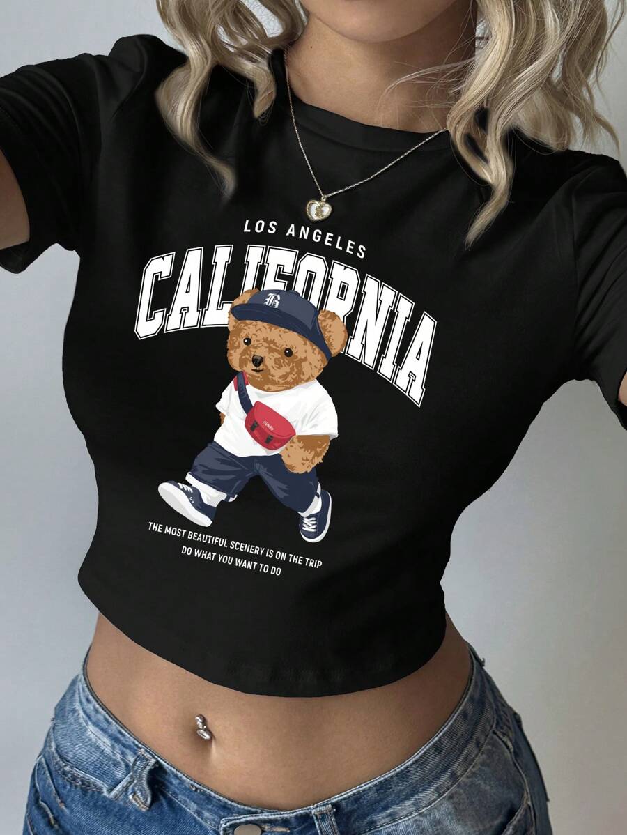 SHEIN EZwear 休闲简约加州学院风熊图案圆领短袖短款紧身女式 T 恤