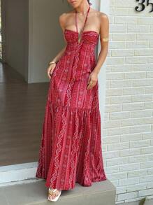 Sunnyshic 度假图案印花露背挂脖连衣裙