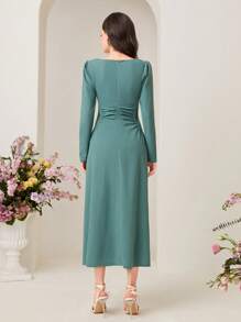 Modelyn Robe élégante à manches longues pour femmes avec col carré et taille cintrée, style vintage - Vert menthe - Voir 2