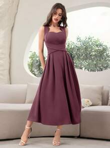 Modelyn Đầm suông không tay thắt eo màu trơn thanh lịch cho nữ - Màu hồng gỉ - Xem 4