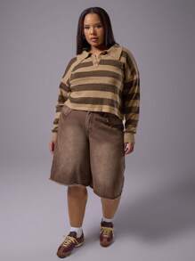 MUSERA Plus Cropped Knitted Striped Collared Long Sleeve Top For Everyday, Casual, Break, Classy - Multicolor - View 5