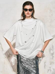 Arave 女式白色超大艺术印花垫肩3D花朵亮片上衣，女式宽松上衣，女士度假装，女士夏装，女士夏装，短款上衣，外出上衣 - 白色 - 查看 7