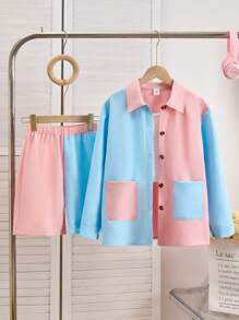 SHEIN Conjunto de 3 piezas de camisa informal y de moda para niñas con diseño de patchwork multicolor - Multicolor - Ver 6