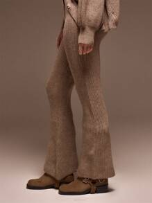 MUSERA High Rise Rib Knit Button Waistband Detail Flared Jogger Only Spring Summer Cute Airport - Coffee Brown - View 4