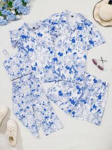1 pieza Blusa casual de mujer con cuello mao, manga con volantes, dobladillo con volantes, cordón ajustable, estampado digital de hojas y flores en textura tejida de bambú, adecuada para salir y vacaciones en la playa (se vende por separado en sets de 3)