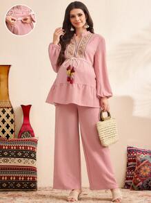 SHEIN 2pcs/Set Maternity Fringe Waist Patchwork Lantern Sleeve Shirt And Pants Set - Pink - View 1