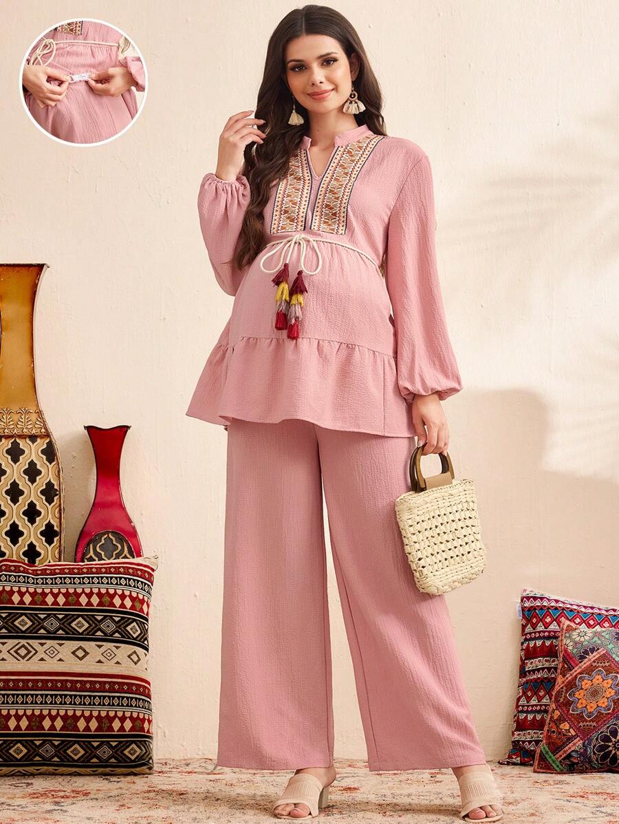 SHEIN 2pcs/Set Maternity Fringe Waist Patchwork Lantern Sleeve Shirt And Pants Set - Pink - View 1
