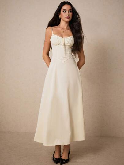 Poéselle Elegant Cream Maxi Dress With Sweetheart Neckline And Ruffle Detail - Perfect For Formal Events, Summer Weddings And Romantic Dinner Dates, Valentine's Day Women's Wear,Yellow Women Outfits,Pastel Women Dress, Dresses For Women Elegant Women Prom Dresses ,Summer Dresses For Women,Tea Party Dress,White Graduation Dress
