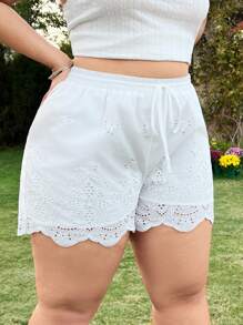SHEIN EZwear Plus Size White Lace Embroidery Casual Vacation Shorts - White - View 4