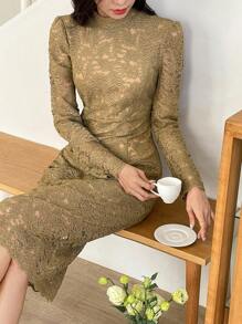 DAZY 优雅淑女蕾丝收腰紧身中长连衣裙，成熟气质，秋季连衣裙长袖连衣裙奢华舞会礼服 - 卡其色 - 查看 2