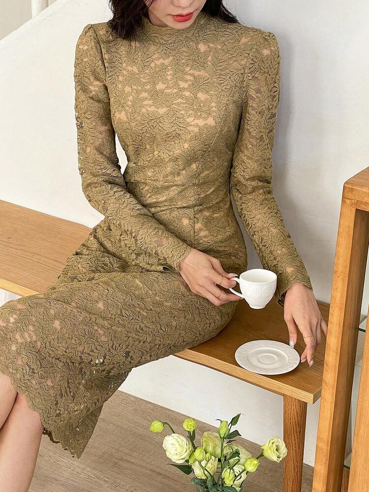 Elegant Lady-Like Lace Waisted Bodycon Midi Dress, Mature Vibe,Fall Dress Long Sleeve Dress Luxury Prom Dress