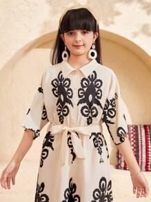 SHEIN Tween 女童宽松休闲印花立领短袖连体裤 - 白色 - 查看 3