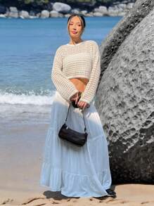 SHEIN EZwear Maglione a maniche lunghe lavorato a maglia da donna per spiaggia, casual e alla moda, adatto per uso quotidiano - Albicocca - Visualizzare 6