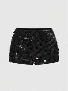 ROMWE Grunge Punk Short mini noir à paillettes punk pour femmes, short micro super taille basse sexy pour l'été, la plage, la remise des diplômes, Pâques, les concerts, les vacances à Nashville, les festivals de musique