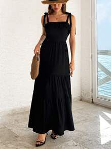 EURMUSE Women's Solid Ruffle Detailed Maxi Dress - Black - View 4