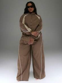 MUSERA Plus Size Nylon Stand Collar Panel Full Zip Jacket For Everyday, Street Style, Streetwear, Y2K, 2000'S Style, Cool Streetwear - Multicolor - View 5