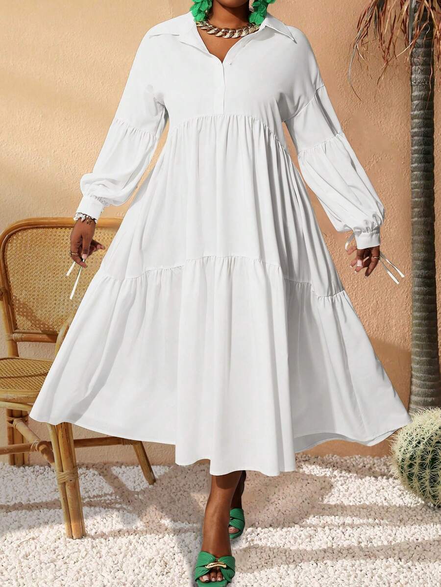 Slaydiva Plus Size Women Elegant A-Line Commuter Dress - White - View 1