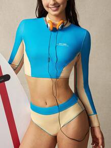 VARSIVA Women's Contrast Color Cropped Long Sleeve Rashguard, For Summer Beach Vacation - Multicolor - View 2