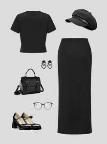 SHEIN Sparklyn 2pcs/Set Teenage Girls Striped Knit Cropped Top & Long Pleated Skirt Casual Outfit, Daily Casual Wear Summer Holiday