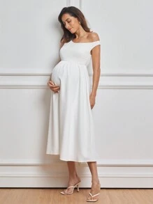 MaterniWear 孕妇不对称领口长款优雅连衣裙 - 白色 - 查看 5