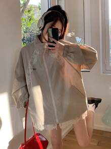 DAZY Damen Spitze Patchwork Buchstaben Muster Loose Langarm Jacke, Herbstkleidung