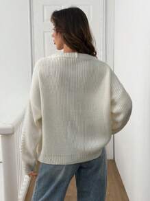 EURMUSE Áo len chui đầu cổ chữ V giản dị dành cho nữ, dáng rộng, phong cách Hàn Quốc mới, mềm mại & ấm áp, áo dệt kim dài tay, mùa thu/đông - trắng - Xem 2